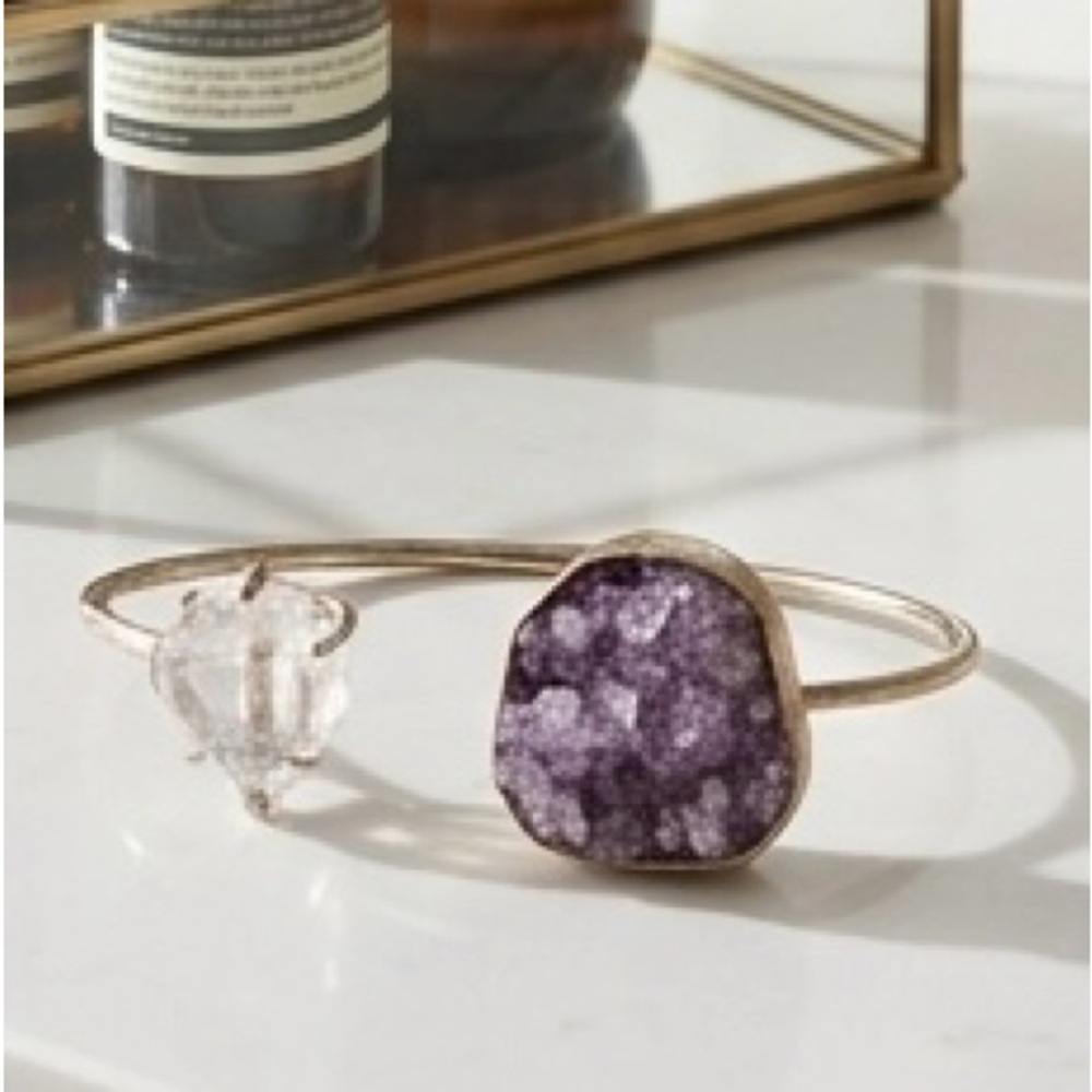 Raw Amethyst Geode & Herkimer Diamond Open Cuff Bracelet